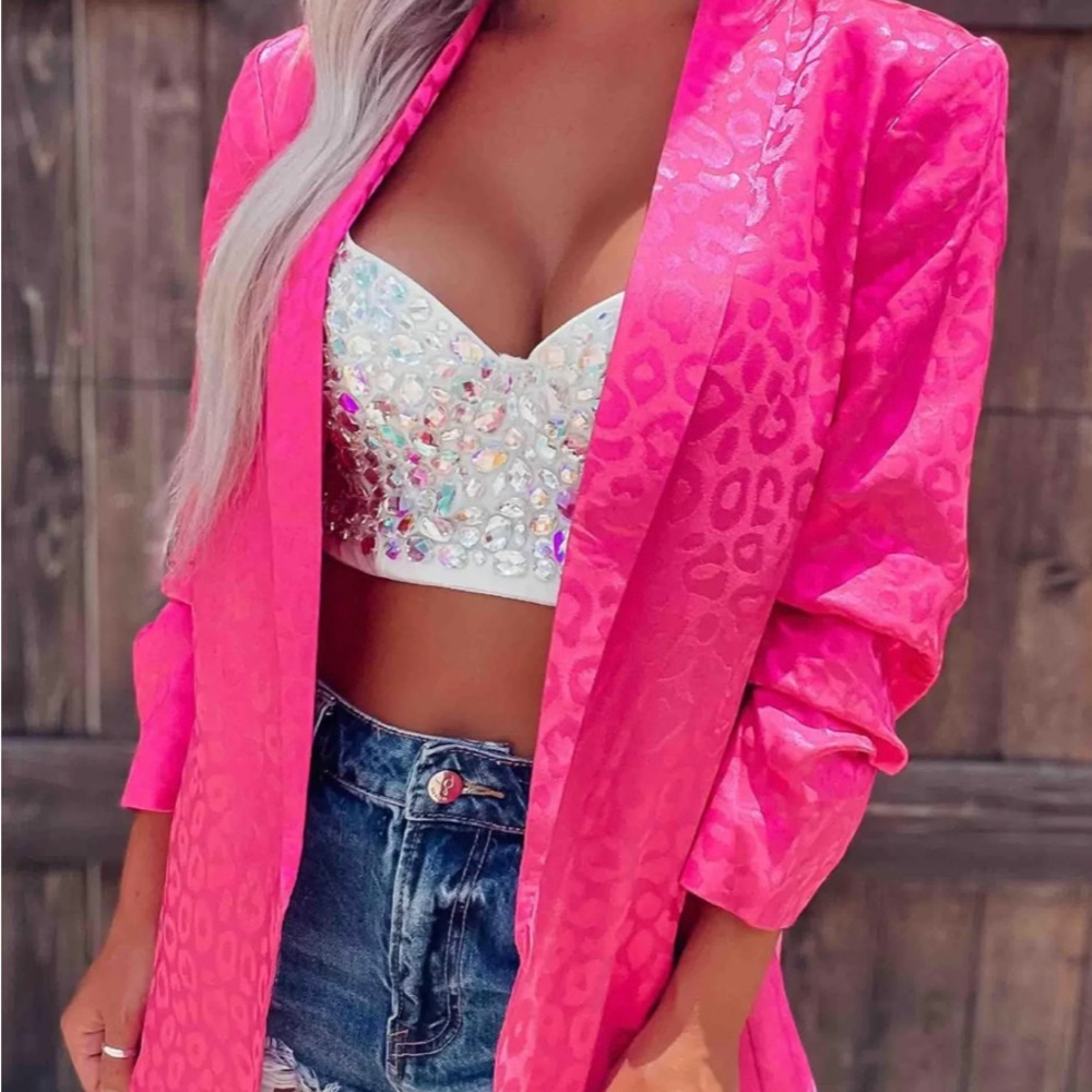 Pink Satin Leopard Print Blazer